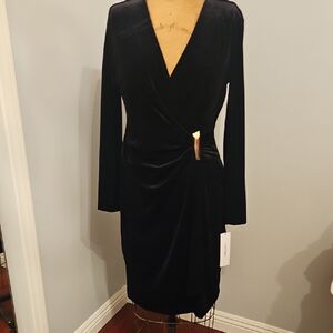 Calvin Klein Black Velvet Long Sleeve Dress with Gold Accent